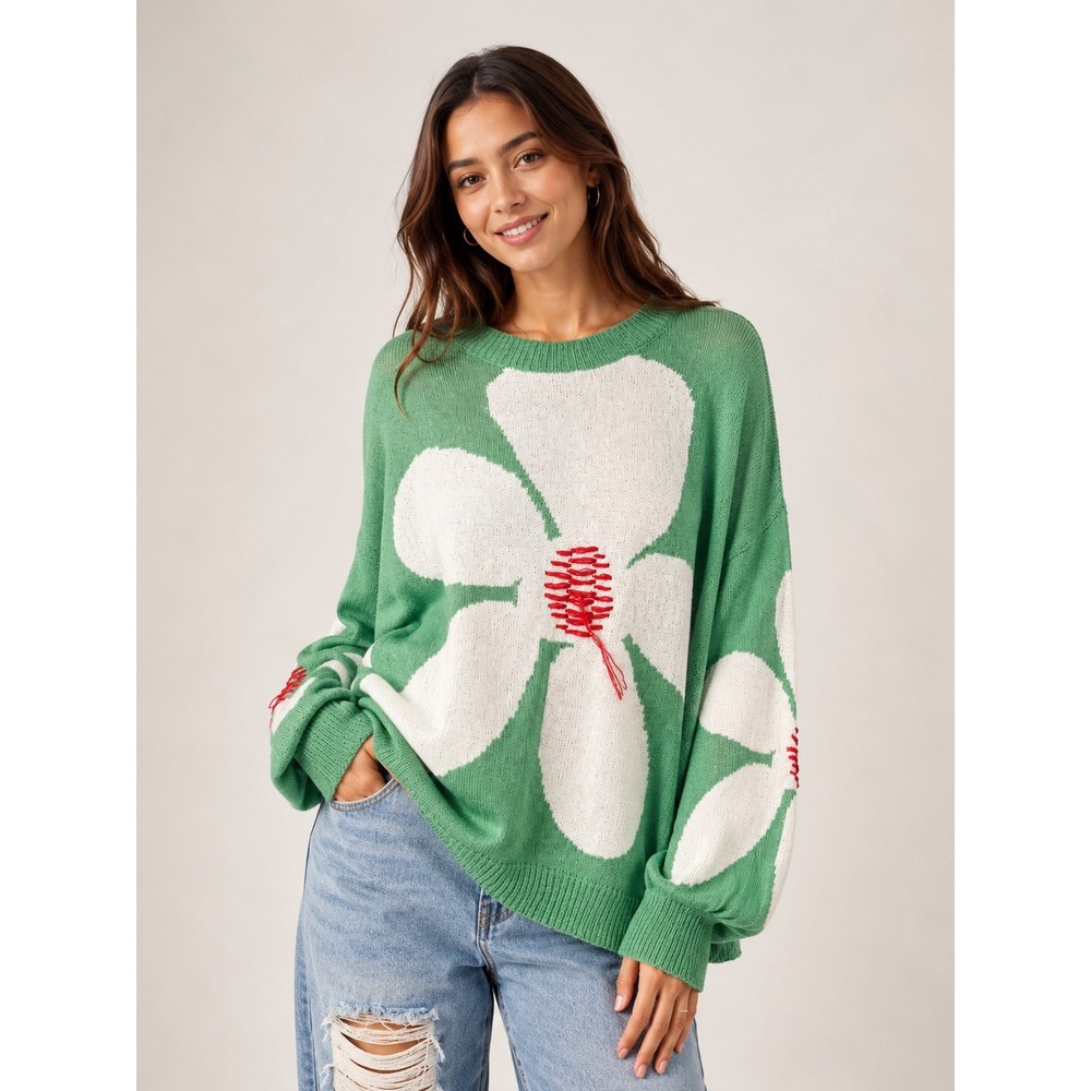 POL Green Floral Knit Sweater Abstract Oversized Statement Pullover Boho S